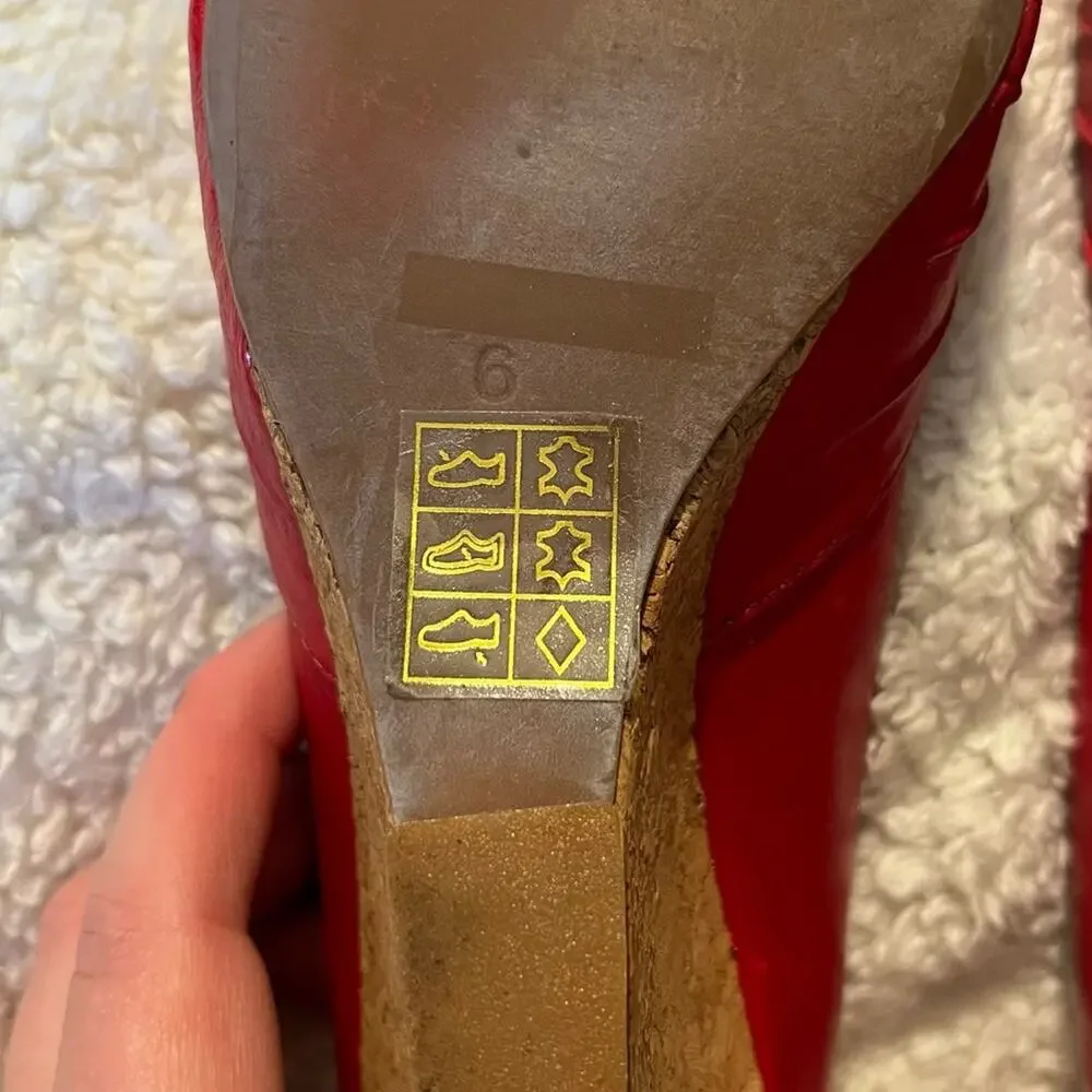 MIZ MOOZ BY‎ GAZITH Red Leather Peep Toe Cork Wedges Sandals Sz 6 Retro